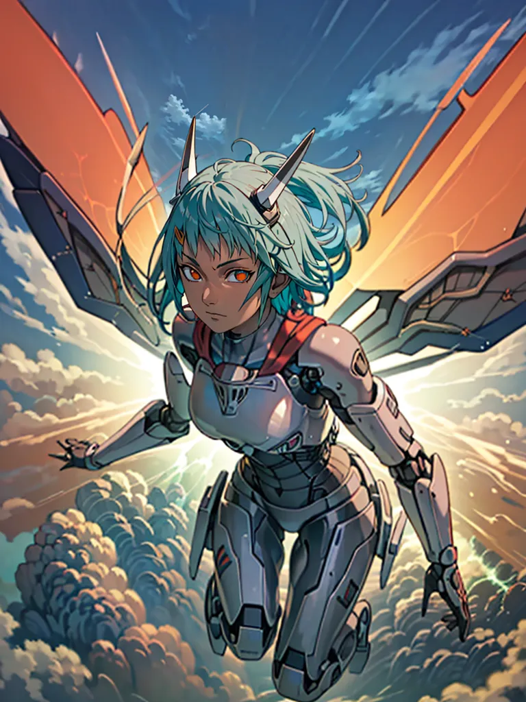 This is an illustration of a female character with light blue hair and orange eyes. She appears to be a cyborg, with a robotic body and mechanical wings. She is wearing a white and gray bodysuit. She is flying in a cloudy sky.