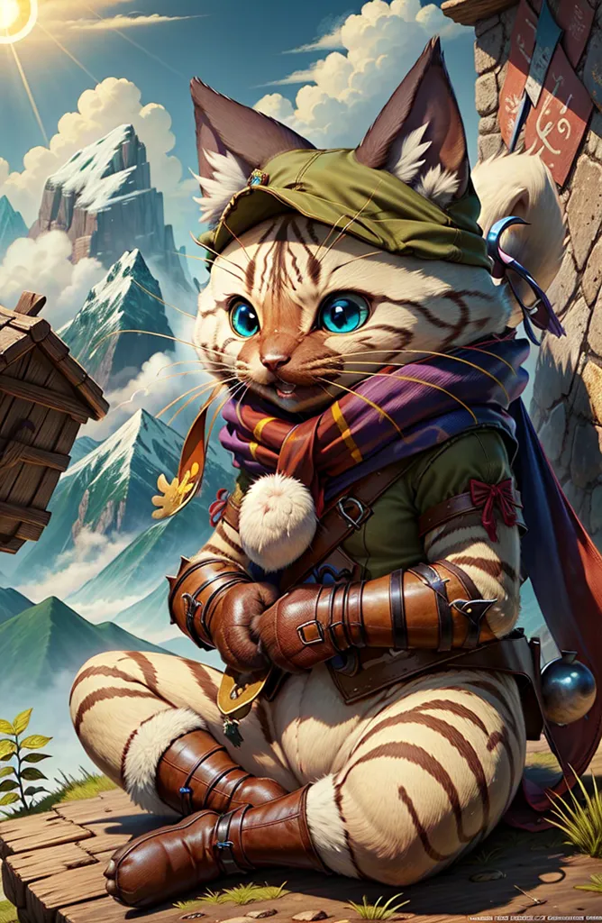 The image shows a cute cat wearing a green hat and a purple scarf. It has big blue eyes and looks like it's ready for an adventure. It's sitting on a wooden plank in front of a beautiful mountain landscape. There are some clouds in the sky and the sun is shining.