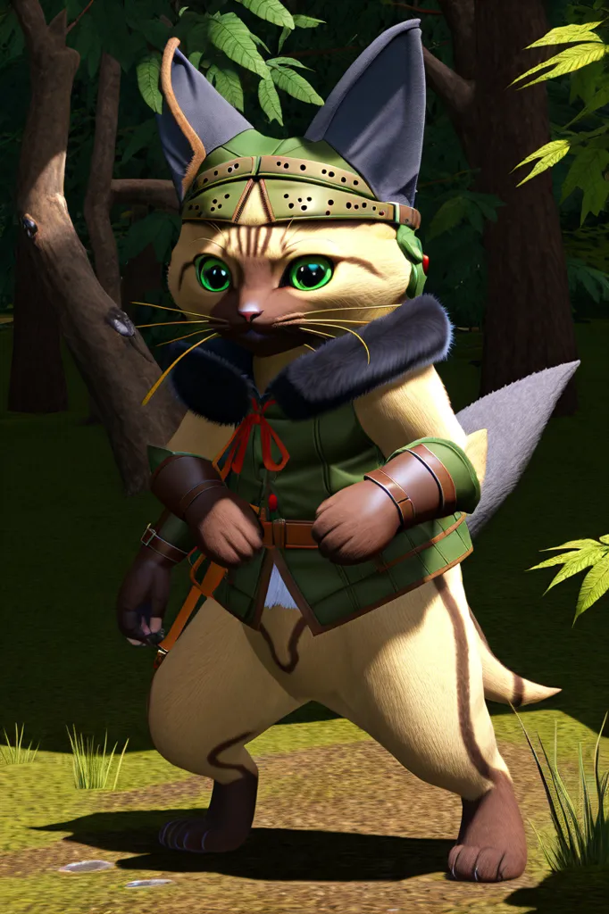 The image shows a cat wearing a green vest and a brown belt. The cat is also wearing a brown hat with rivets and a red scarf. It has green eyes and a black nose. The cat is standing in a forest and is looking at the viewer.