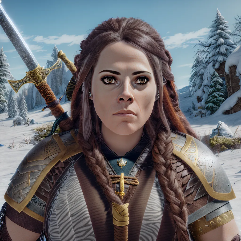 This is an image of a woman who looks like a warrior. She has brown hair braided and brown eyes. She is wearing a metal breastplate with fur trim and brown leather shoulder pads. She is also wearing a necklace with a green gem in the center. She has a sword on her back and looks like she is ready for battle. The background is a snowy landscape with mountains in the distance.