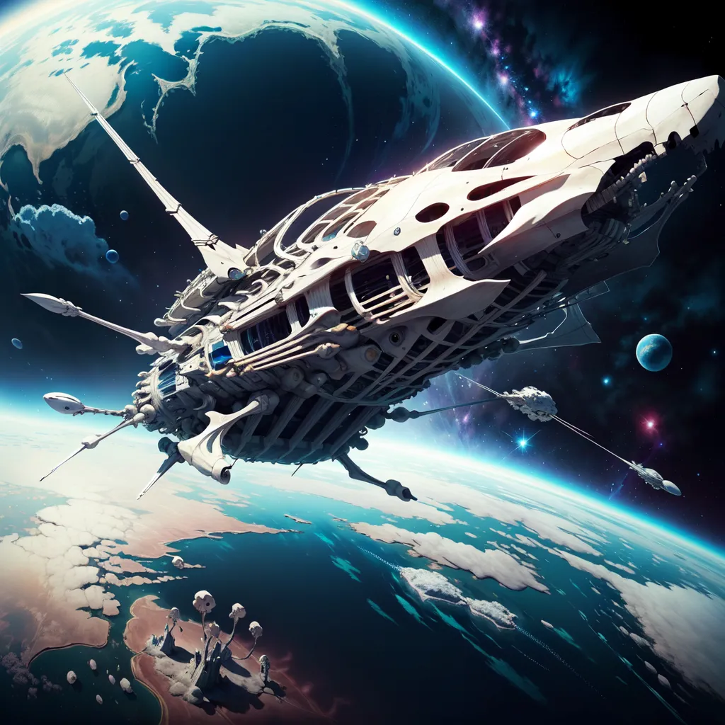 The image shows a large white spaceship flying in space. The ship has a long, sleek design with four engines at the back. It is flying over a blue and white planet with a large moon in the background. The ship is surrounded by stars and there is a nebula in the background.