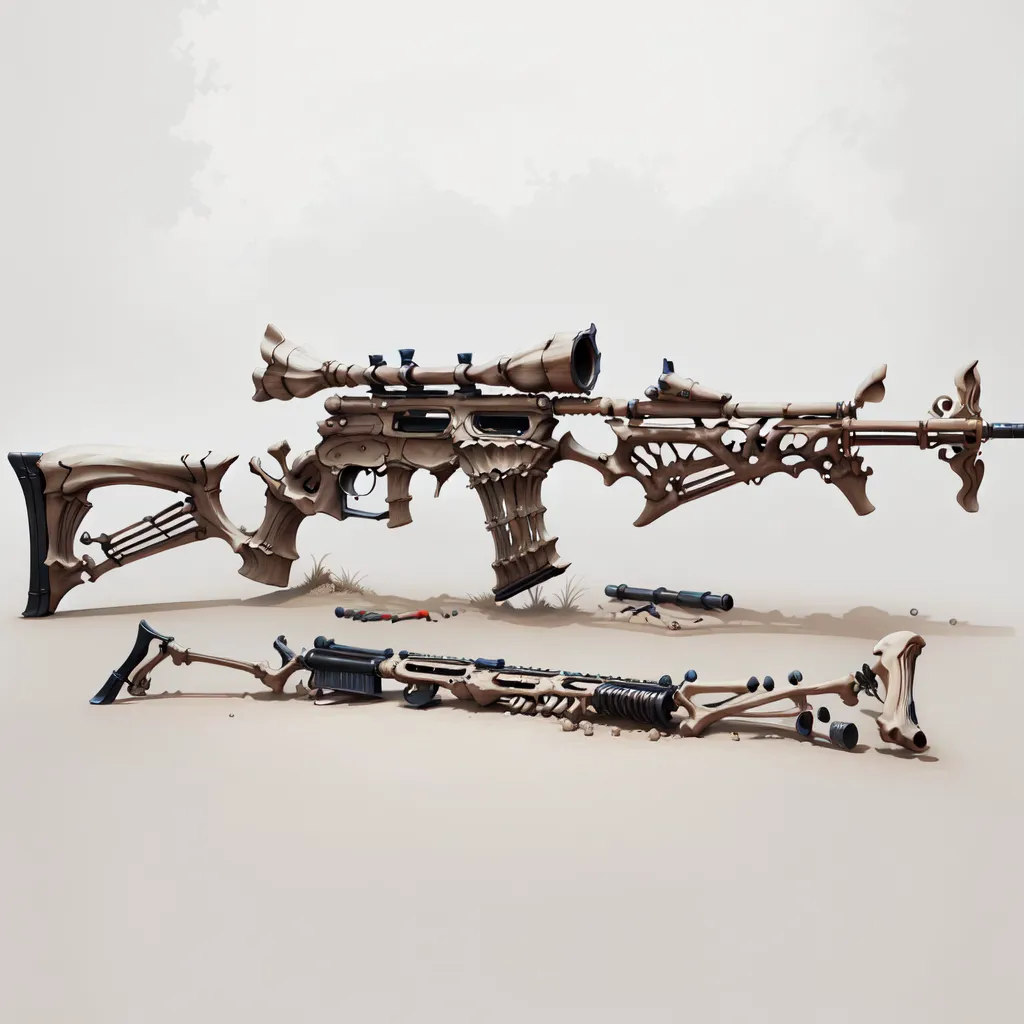 The image depicts two assault rifles. The top rifle is intact, while the bottom one is in pieces. The intact rifle has a skeletal structure with a tan exterior. It has a long barrel with a scope attached to the top. The magazine is located on the right side of the gun. The broken rifle is mostly in pieces, but it appears to be a similar type of weapon. The pieces are scattered around the intact rifle.