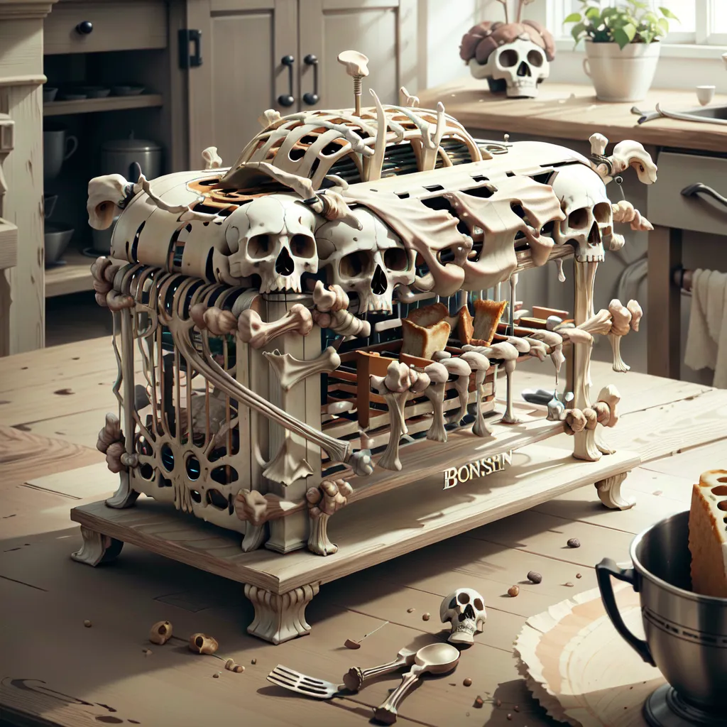 The image is a surrealist depiction of a toaster made of bones and skulls. The toaster is sitting on a wooden table and there is a plate with a piece of toast on it next to it. The toaster is made of a variety of bones, including skulls, vertebrae, and ribs. The toaster also has a skull-shaped handle. The image is both macabre and humorous.