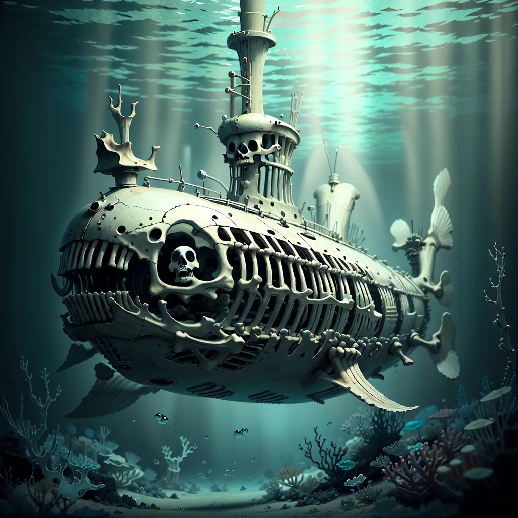 The image is a digital painting of a steampunk submarine. The submarine is made of bones and other organic materials. It has a skull-shaped figurehead and a large propeller. The submarine is surrounded by a variety of sea creatures, including fish, jellyfish, and coral. The water is murky and green, and the light from the surface is barely visible. The image is full of detail and has a dark and eerie atmosphere.