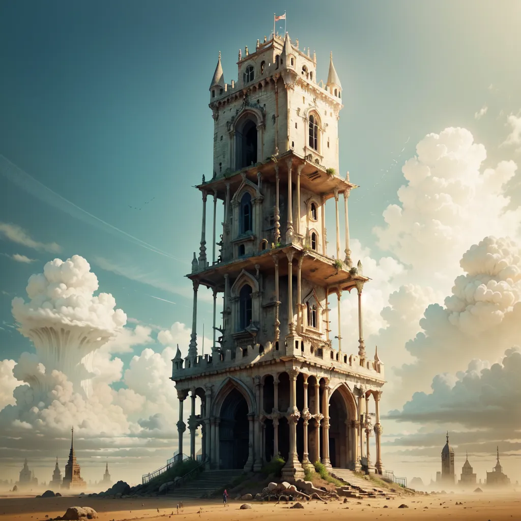 The image shows a tall, abandoned tower in the middle of a desert. The tower is made of white stone and has a large clock on its face. There are clouds in the sky and the sun is shining.