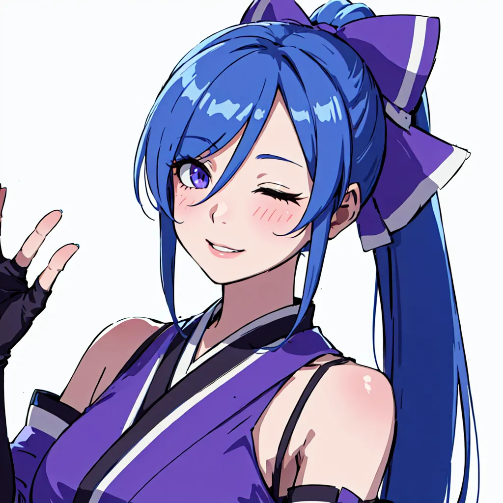 The image is a portrait of a young woman with blue hair and purple eyes. She is wearing a purple and blue kunoichi outfit and has a purple bow in her hair. She is winking and has a playful expression on her face. The background is white.