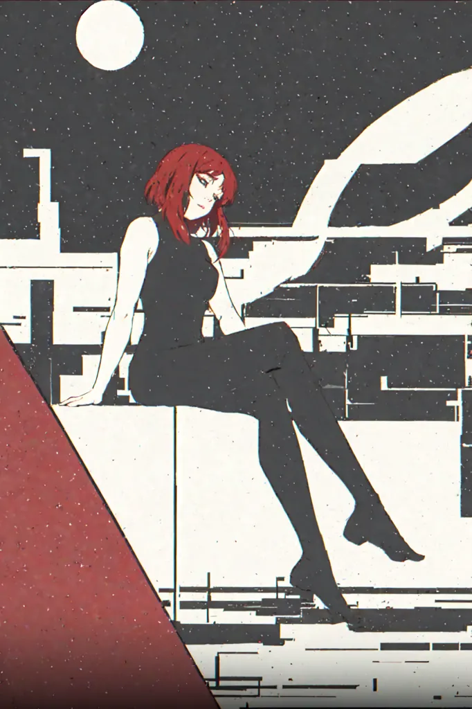 A woman with red hair is sitting on a rooftop. She is wearing a black dress with a high collar. The city is in the background and there is a full moon in the sky. The image has a dark and futuristic atmosphere.