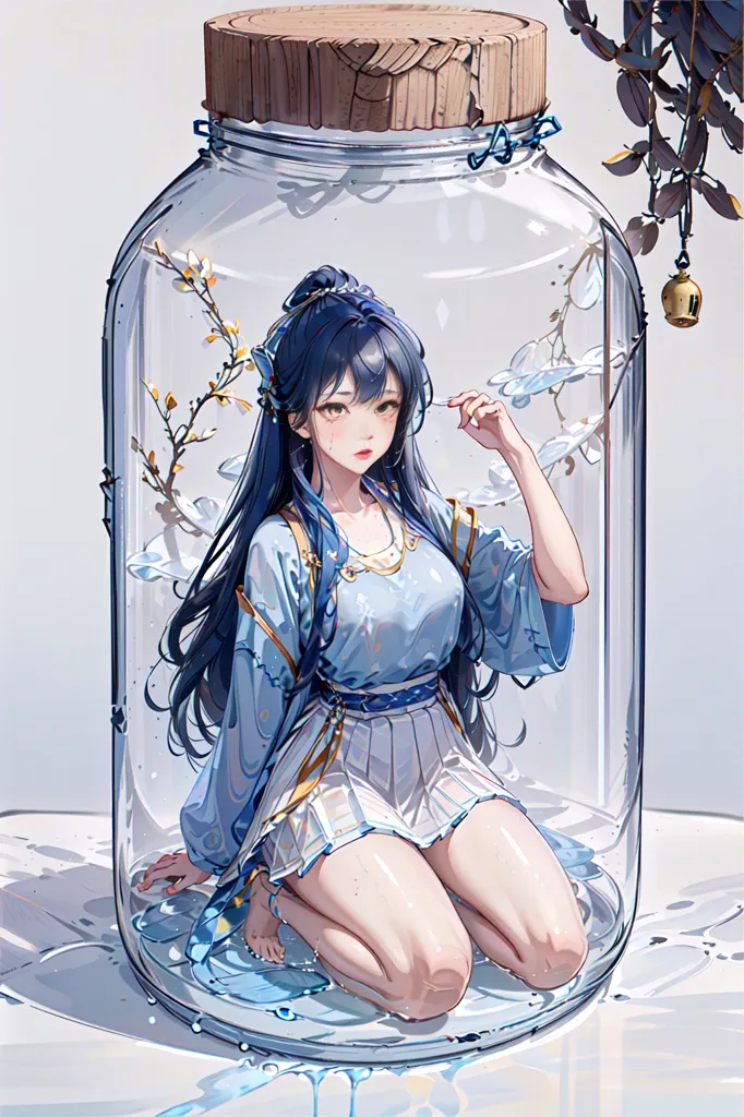 The image is a digital painting of a young woman in a blue and white dress. She is sitting in a glass jar, with her knees drawn up to her chest and her arms wrapped around her legs. The jar is filled with water. The woman has long, dark hair and blue eyes. She is looking at the viewer with a sad expression on her face. There is a small, golden bell hanging from the branch of a tree that is growing outside of the jar. The jar is sitting on a white table. The painting is done in a realistic style, and the colors are vibrant and lifelike.