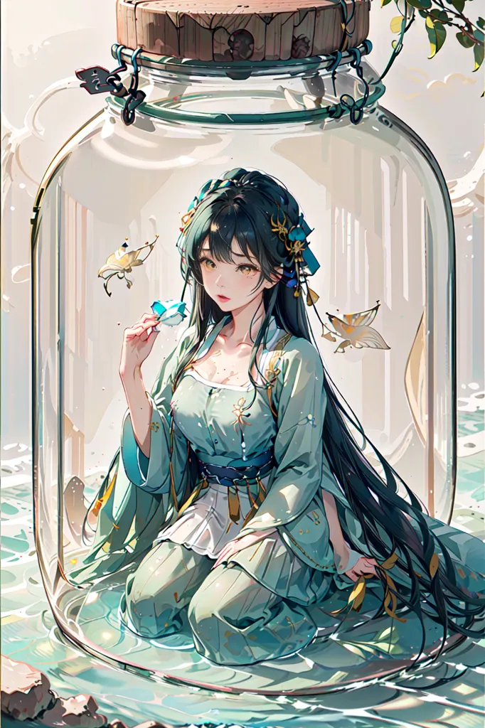 The image is a beautiful Chinese-style painting of a woman in a green dress sitting in a glass jar. The woman has long black hair and green eyes, and she is wearing a traditional Chinese headdress. She is sitting on a rock in a pool of water, and there are two butterflies flying around her. The jar is decorated with a chain and a wooden stopper, and it is sitting on a bed of moss. The painting is done in a realistic style, and the colors are vibrant and lifelike.