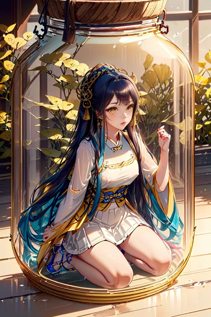 The image is a beautiful anime girl with long black hair and blue eyes. She is wearing a white and yellow dress and is sitting in a glass jar. The jar is sitting on a wooden table. The girl is looking at the viewer with a curious expression.