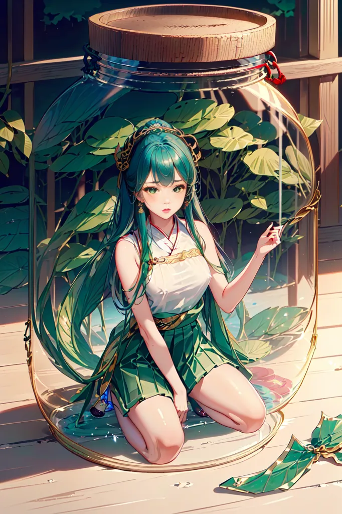 The image is a beautiful anime-style drawing of a girl in a jar. The girl has long green hair and green eyes, and she is wearing a white and green dress. She is sitting in a jar that is filled with water and plants. The jar is sitting on a wooden table. The girl is looking at the viewer with a curious expression on her face.