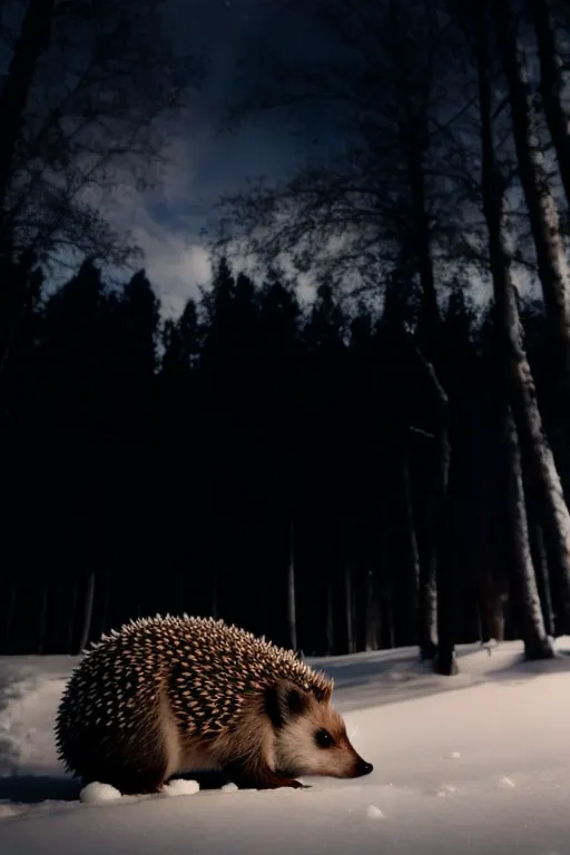 This is a photo of a hedgehog walking in the snow at night. The forest is dark and the only light comes from the moon. The hedgehog is brown and white and its fur is sticking up. It is walking towards the right of the photo and its head is down. The snow is white and there are some trees in the background. The hedgehog is in the middle of the photo.