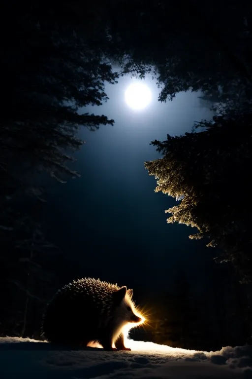 The image is a photograph of a hedgehog at night. The hedgehog is standing in a snowy forest, and the only light comes from the moon. The hedgehog is illuminated by the moonlight, and its fur is glowing. The background of the image is dark, with only a few trees visible. The image is very beautiful, and it captures the magic of the night forest.