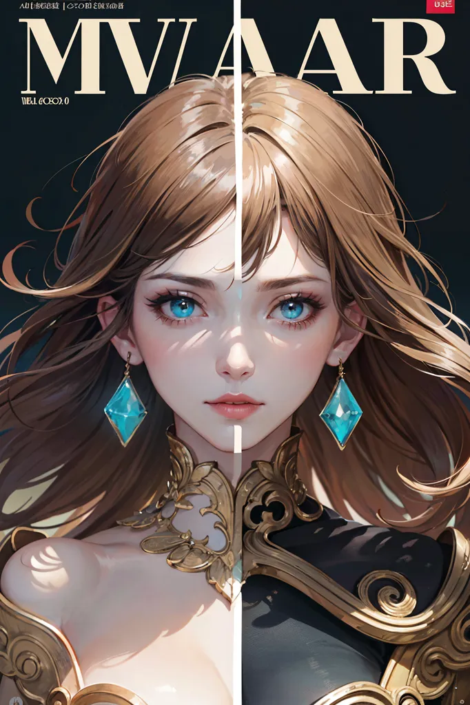 This is an image of a woman with long brown hair and blue eyes. She is wearing a black and gold outfit with a gold necklace and blue diamond earrings. The image is split down the middle, with the left side being a mirror image of the right side.