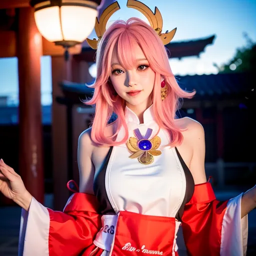 La imagen es una foto de una mujer joven vestida con un cosplay de Yae Miko, un personaje del videojuego Genshin Impact. La mujer está de pie en un entorno tradicional japonés, con una linterna roja y una puerta torii de fondo. Lleva un kimono blanco y rojo, con un obi rosa y un gran lazo rosa en el cabello. Tiene el cabello rosa largo y ojos morados, y lleva una máscara de zorro. Tiene las manos extendidas frente a ella y tiene una sonrisa suave en el rostro.