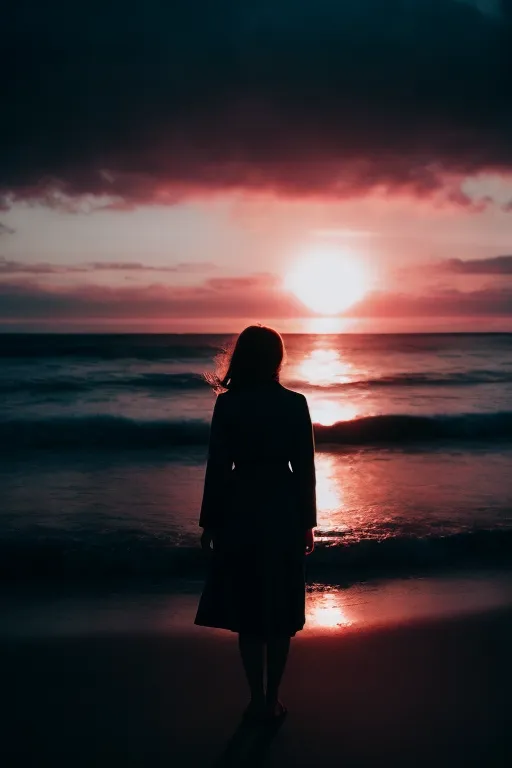 This is a picture of a woman standing on a beach at sunset. The sun is setting over the ocean, casting a pink and purple glow over the sky. The woman is standing in the foreground, her back to the viewer. She is wearing a long black coat, and her hair is blowing in the wind. The waves are gently crashing on the shore. The overall effect of the image is one of peace and tranquility.