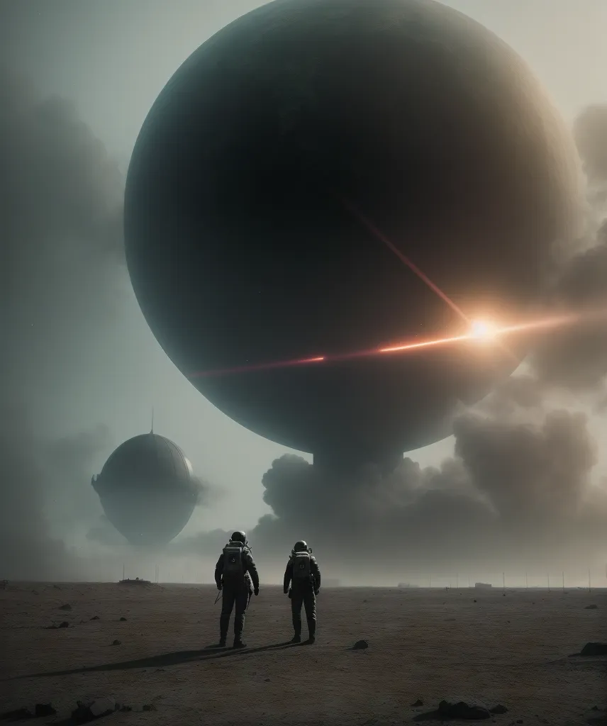 The image is of two astronauts on a distant planet. The planet is covered in a thick layer of dust and has a hazy atmosphere. There are two large, spherical objects in the sky. The astronauts are wearing space suits and carrying backpacks. They are looking at the spheres. The image is full of mystery and wonder. It evokes a sense of awe and exploration.