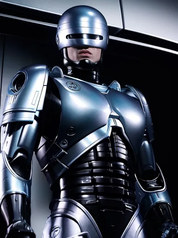 The image shows a robot. It is made of metal and has a silver finish. The robot has a helmet on and there is a light reflecting off of the helmet. The robot's eyes are black and it has a mouth. The robot is wearing a black suit of armor. The robot's chest has a silver plate with a symbol on it. The robot's arms and legs are also covered in armor. The robot's hands are clenched into fists. The robot is standing in a dark room. There is a light on the robot's chest.