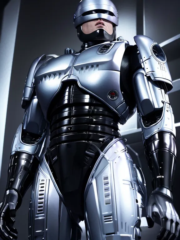 The image shows a robot with a silver metallic body. The robot has a human-like face with a mouth, nose, and eyes. It is wearing a black suit with a silver belt. The robot is standing in a dark room with a spotlight shining on it. The robot is looking at the camera with its head tilted slightly to the right.