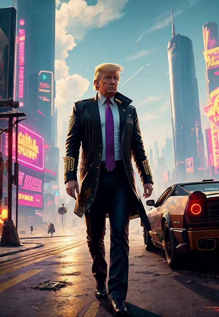 This is an image of Donald Trump walking down a street in a futuristic city. He is wearing a black suit and tie, and a long black coat with gold epaulettes. He is also wearing a purple tie. The city is full of tall buildings and neon lights. There is a flying car in the background on the right side.