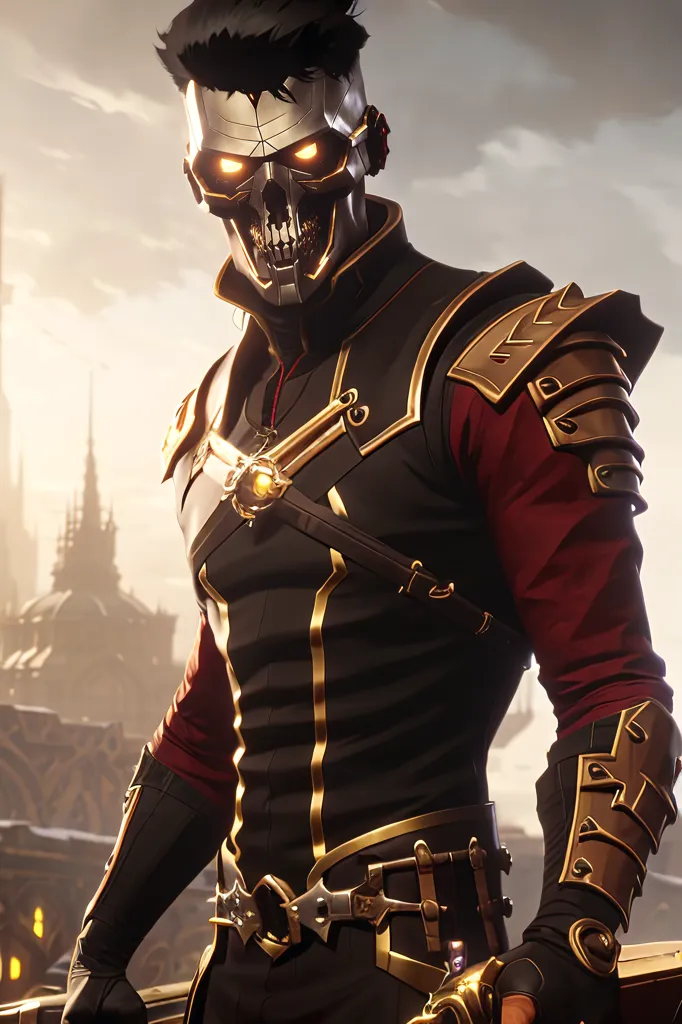 The image shows a man wearing a black and gold skull mask. He is also wearing black and red armor. He has a sword in his right hand. He is standing in a dark place. There are buildings in the background.