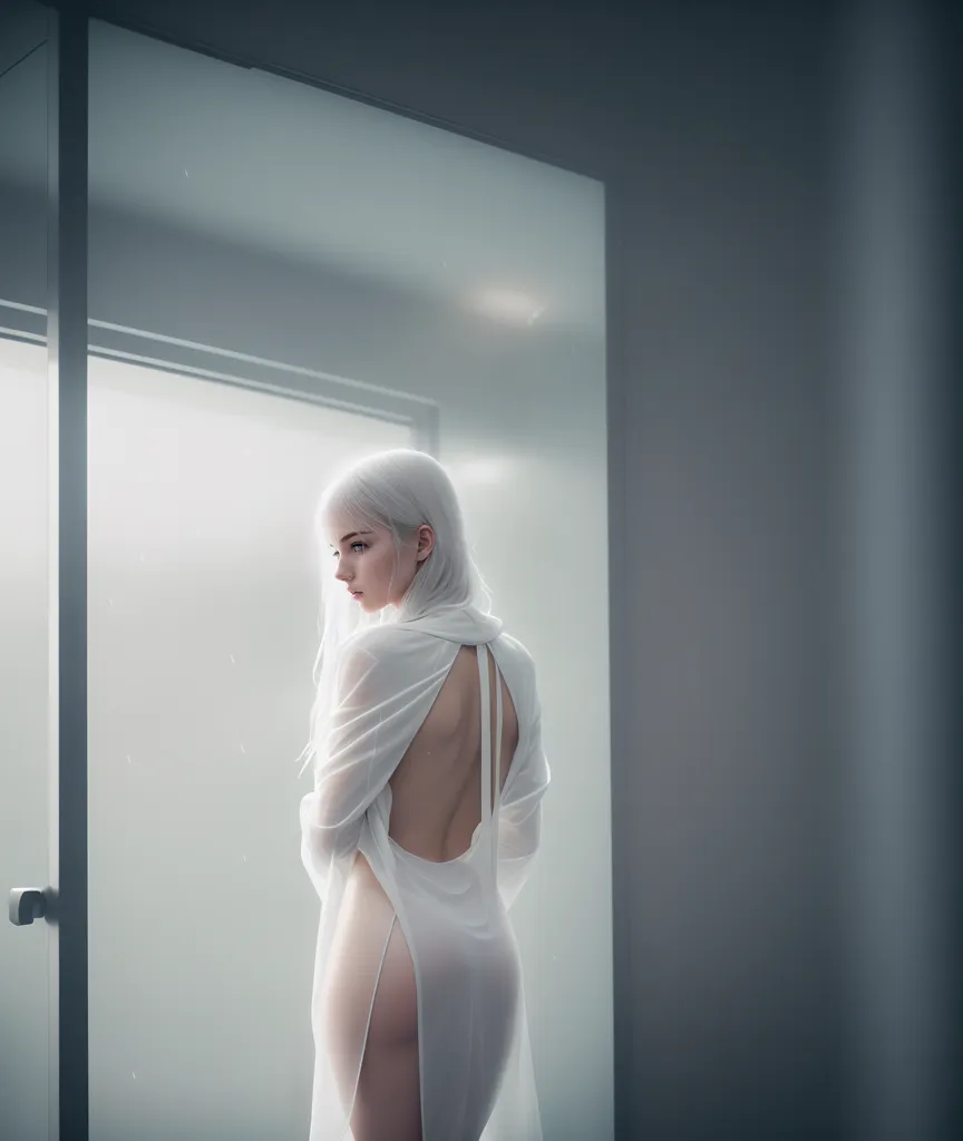 The image is of a woman standing in a room with a frosted glass door behind her. The woman is wearing a white dress with a thigh-high slit and a low back. She has long white hair and pale skin. She is looking away from the camera. The room is mostly white with gray walls. The image is soft and ethereal.