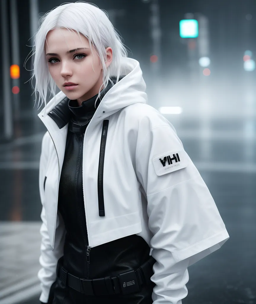 This is an image of a young woman with waist-length white hair. She is wearing a white futuristic jacket with a black turtleneck top underneath. The jacket has a large black patch on the right arm with the letters "YIH" on it. She is also wearing black pants and black boots. She has a serious expression on her face and is looking at the camera. The background is blurred and looks like a city street with lights in the distance.