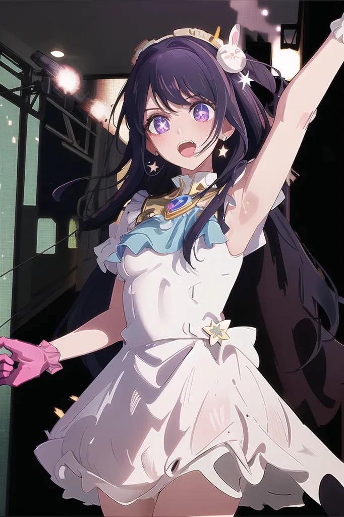 This is an illustration of a young woman in a white dress with purple and blue accents. She has long purple hair and purple eyes. She is wearing a pair of white gloves and a large necklace with a blue gem in the center. She is standing in front of a dark background with spotlights shining down on her. She has a bright smile on her face and is raising her right arm in the air.