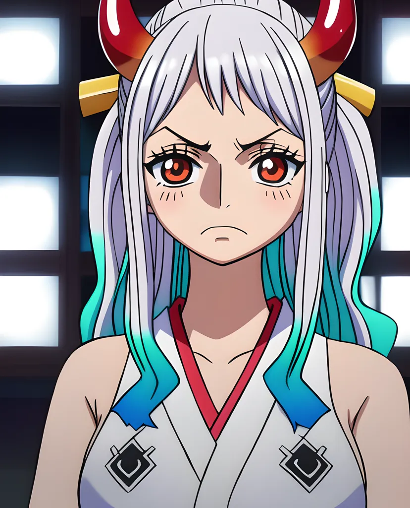 The image shows a young woman with white and green hair. She is wearing a white kimono with a red sash. She has red horns on her head and her eyes are orange. She has a serious expression on her face.