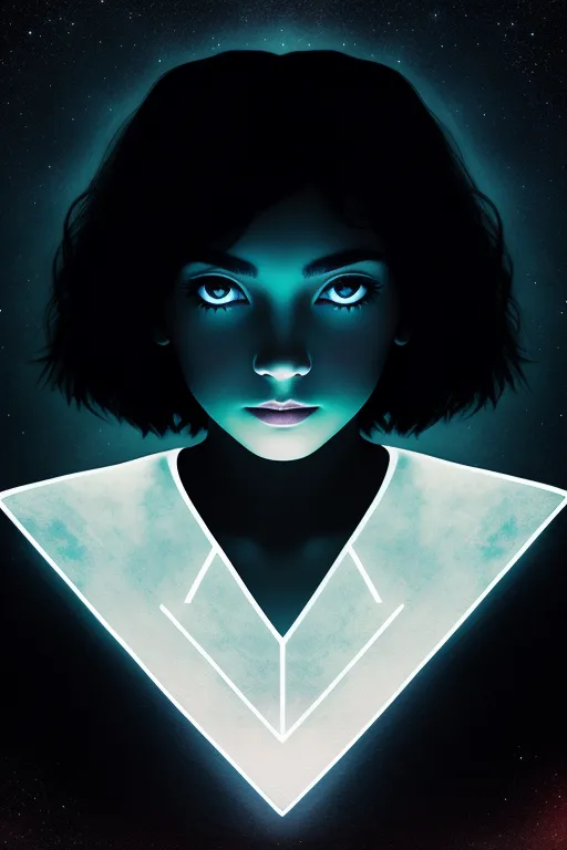 This is an image of a young girl with short dark hair. She has light blue eyes and a serious expression on her face. She is wearing a white shirt with a collar. The collar has a glowing blue triangle on it. The background is dark blue with many tiny white dots, representing stars.