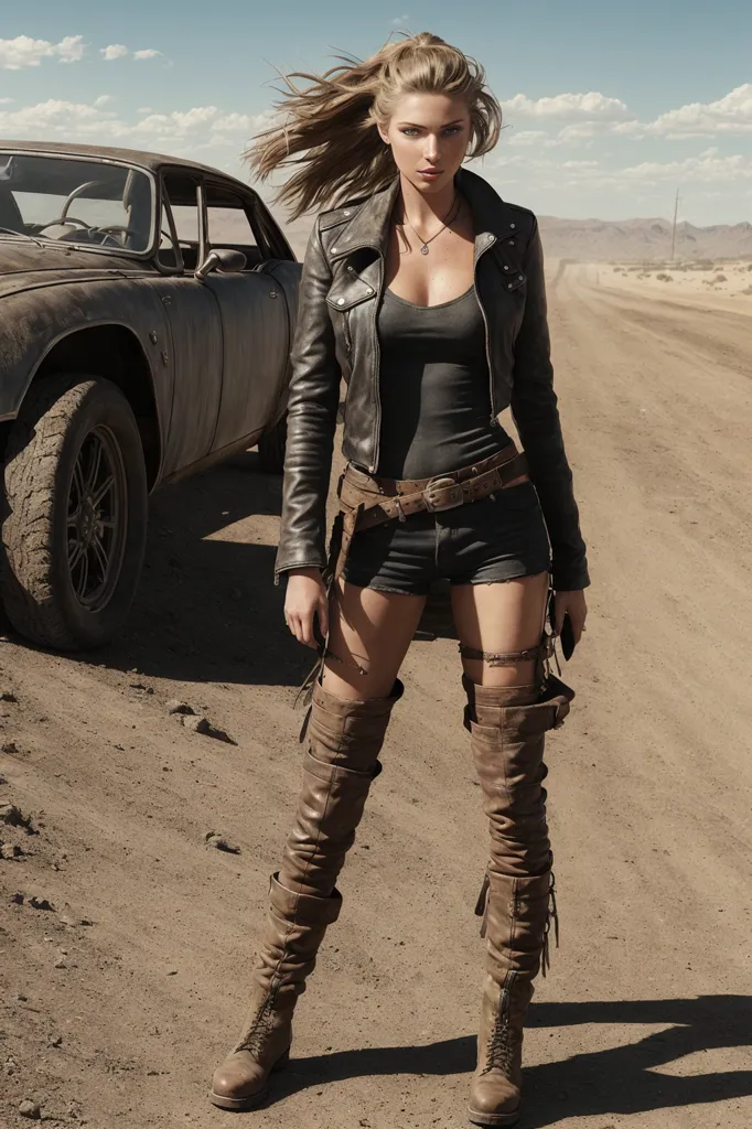 This is an image of a woman standing in the desert. She is wearing a black leather jacket, a black tank top, and short shorts. She is also wearing a belt with a large buckle and a pair of brown leather boots. She has her blonde hair left out and flowing in the wind. She is standing in front of an old rusty car. There are mountains in the background and the sky is cloudy.