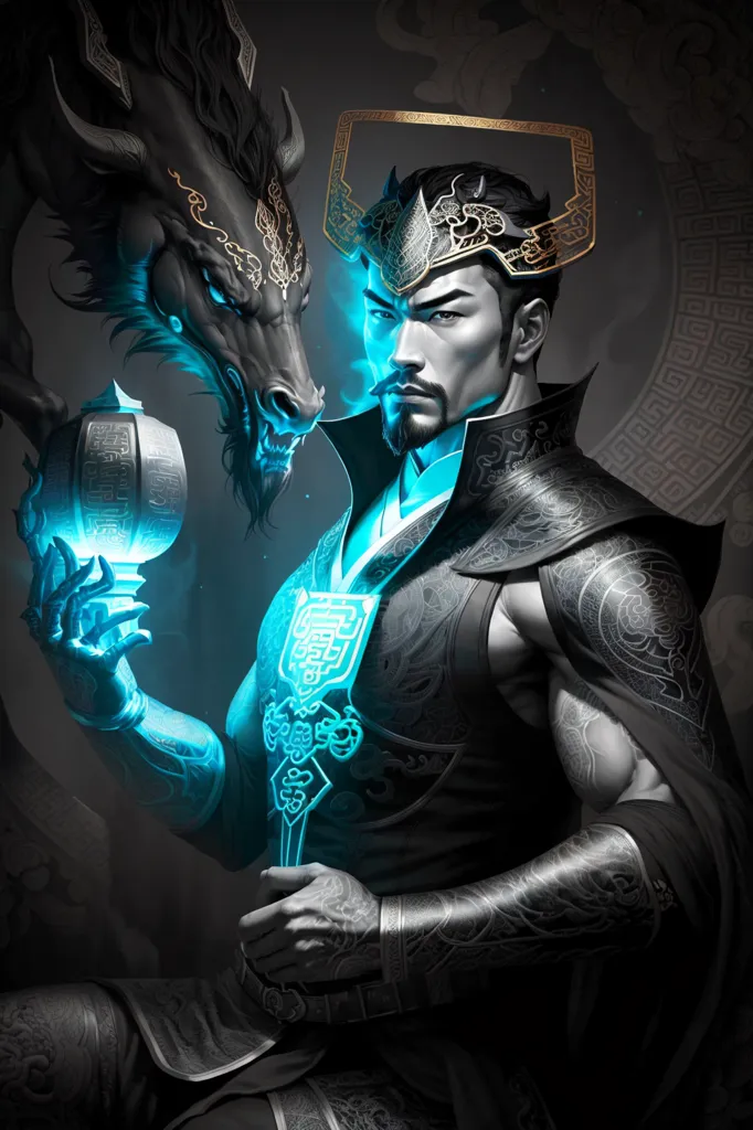 L'image montre un homme aux cheveux sombres et à la barbe portant une robe noire et dorée aux motifs complexes. Il porte une couronne sur la tête et tient une boule bleue lumineuse dans sa main. Un dragon noir aux yeux bleus brillants se tient à côté de lui, et l'homme a une main posée sur la tête du dragon. L'arrière-plan est sombre avec un cercle bleu lumineux derrière l'homme.