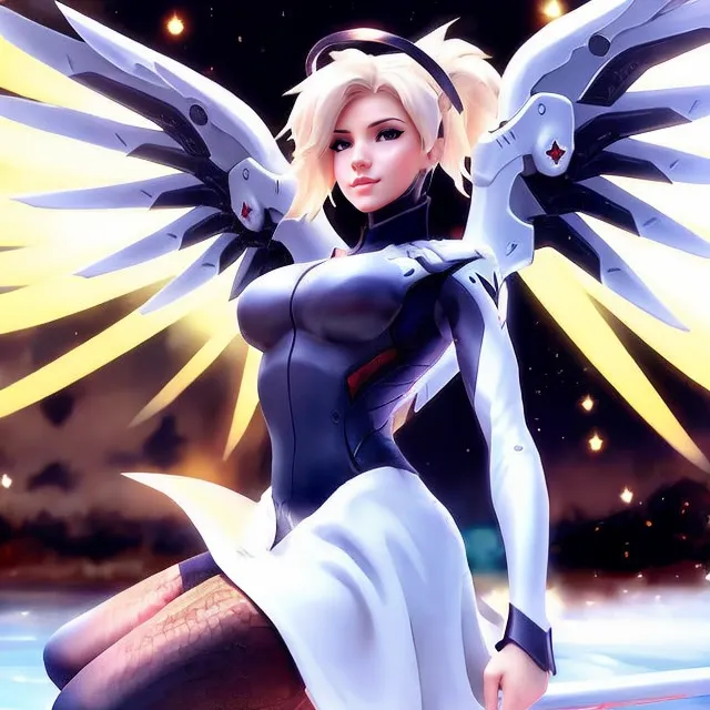 The picture shows a young woman with short blond hair and blue eyes. She is wearing a white and black bodysuit with a white skirt. She has a pair of mechanical wings on her back and is sitting on a ledge with one leg crossed over the other. There is a body of water below her and a starry sky above.