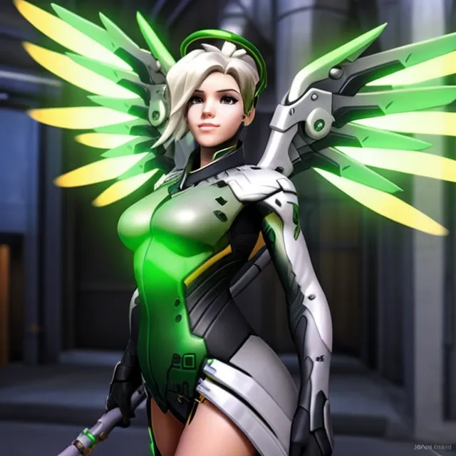 A imagem mostra uma mulher que parece ser um ciborgue. Ela está usando um macacão branco e verde com um halo e asas verdes. Ela também está segurando uma arma. O fundo está desfocado, mas parece que ela está em uma cidade.