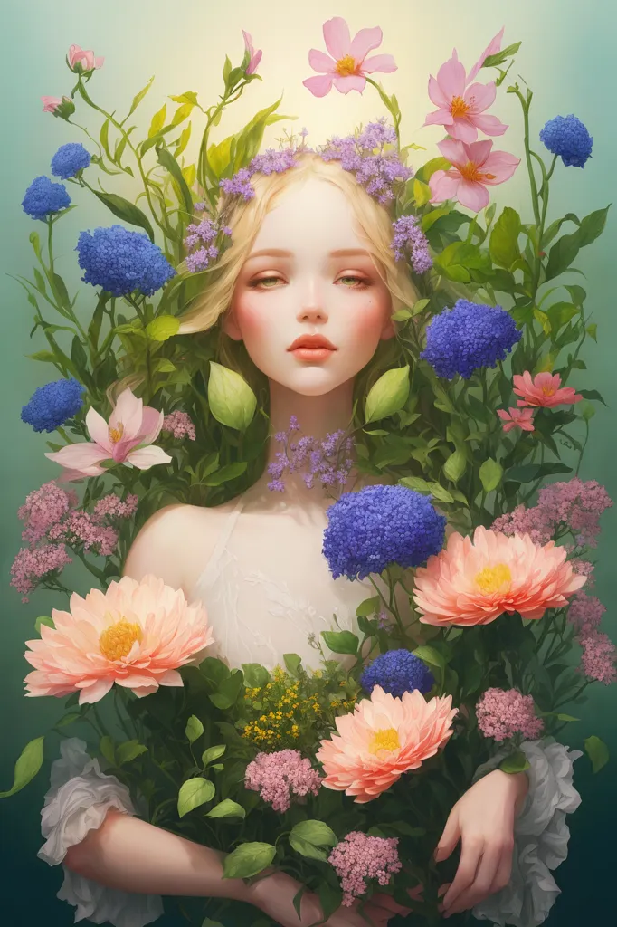 L'image est une peinture d'une belle femme aux longs cheveux blonds et aux yeux bleus. Elle porte une robe blanche et est entourée de fleurs. Les fleurs sont de différentes couleurs, notamment rose, bleu et violet. La femme a une expression sereine sur le visage et semble apprécier la beauté des fleurs. La peinture est réalisée dans un style réaliste et les couleurs sont vives et réalistes.