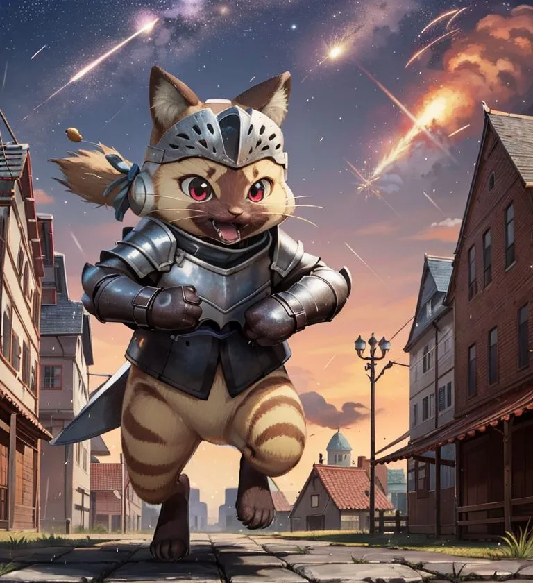 The image shows a cartoon cat wearing a suit of armor. The cat is brown and white, with a black nose and green eyes. It is wearing a silver helmet, a breastplate, and a pair of gauntlets. It is also carrying a sword in its right hand. The cat is standing in a town, with houses and shops on either side of the street. The sky is orange, and there are stars and meteors in the sky.