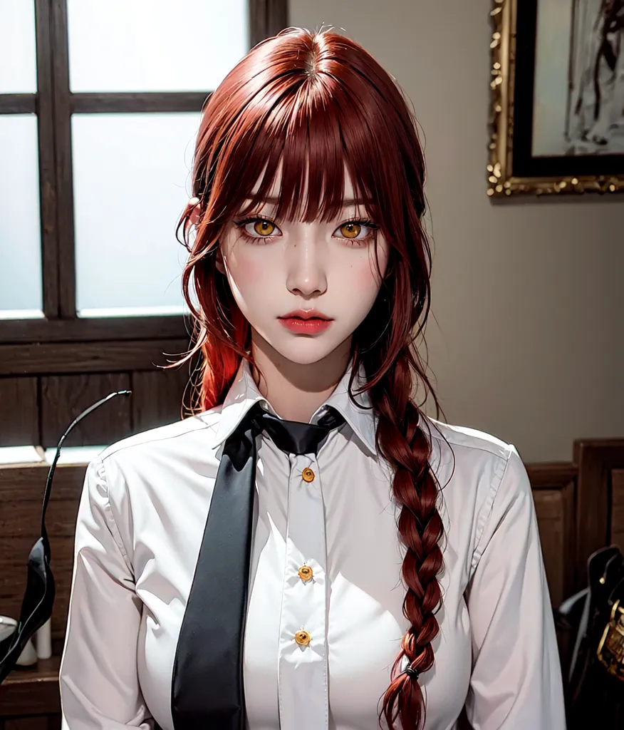 The image shows a young woman with long red hair and yellow eyes. She is wearing a white shirt and a black tie. The shirt is buttoned up and has a collar. The woman is looking at the viewer with a serious expression. She is sitting in a dark room with a window in the background.