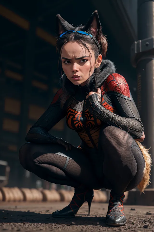 The image is of a young woman dressed in a black and red Spider-Man costume with cat ears. She is crouching on a rooftop, looking down at the street below. The woman has brown hair and brown eyes, and she is wearing a pair of black sunglasses. The Spider-Man costume is made of a black and red spandex material, and it has a large spider logo on the chest. The woman is also wearing a pair of black boots and a pair of black gloves.