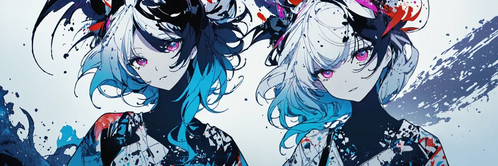 The image is of two anime-style girls with white and black hair. The girl on the left has black hair with blue highlights, while the girl on the right has white hair with blue and pink highlights. Both girls have red eyes and are wearing white shirts with black and red accents. They are also both wearing black headphones. The background is white with blue and black paint splatters.