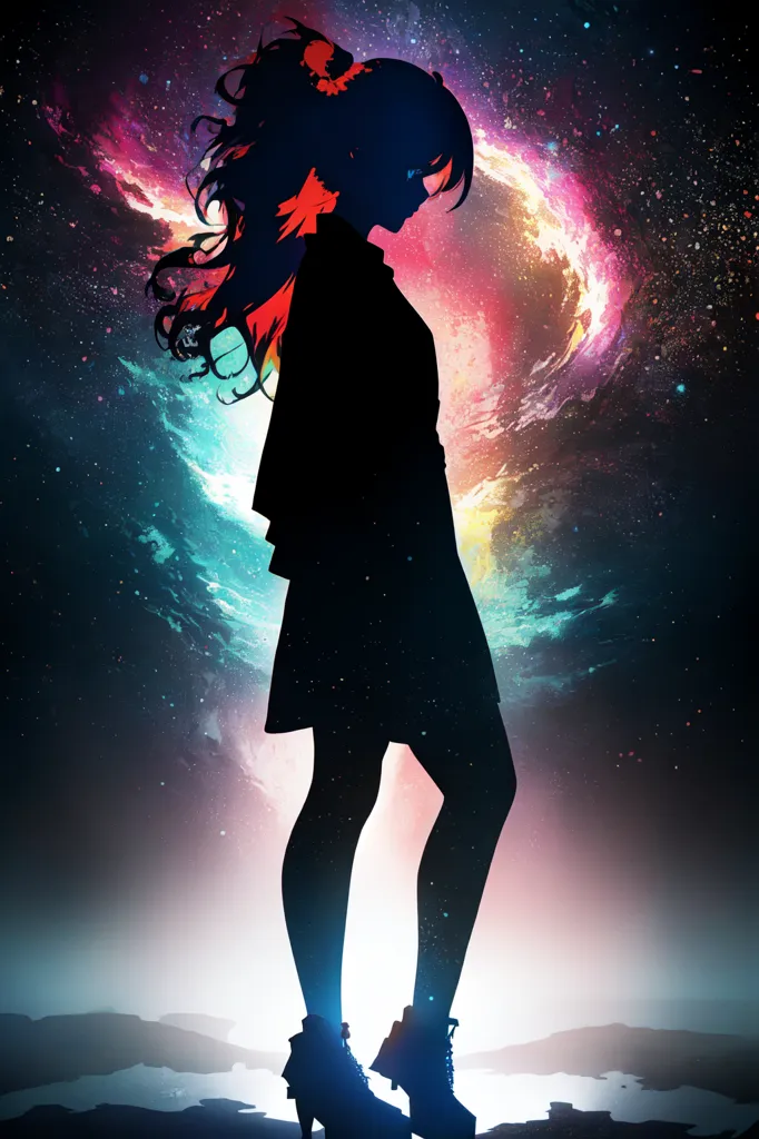 A imagem é uma silhueta escura de uma menina em pé diante de uma nebulosa colorida. A menina está usando um vestido longo e tem o cabelo esvoaçando ao vento. A nebulosa é uma massa giratória de gás e poeira iluminada por estrelas. A imagem é muito bonita e tem uma qualidade onírica.