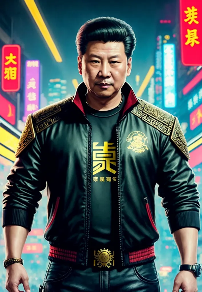 This is an image of a man in a black leather jacket with gold accents standing in front of a city at night. The man has a stern expression on his face and is looking at the viewer. He is wearing a black t-shirt with a red and yellow design on the chest. The jacket has a red collar and the words "Zhong Guo" written in Chinese characters on the back. The man is also wearing a watch on his left wrist and a bracelet on his right wrist. The background of the image is a blurred city at night with neon lights.