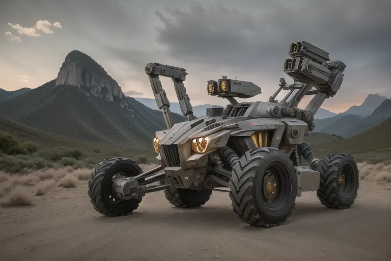 The image shows a futuristic military vehicle. It is a four-wheeled vehicle with a large engine and a powerful suspension. The vehicle is armed with a variety of weapons, including a machine gun, a missile launcher, and a grenade launcher. The vehicle is also equipped with a variety of sensors and cameras, which allow it to track and target its enemies. The vehicle is painted in a dark gray color, which helps it to blend in with its surroundings. The vehicle is also equipped with a variety of armor, which helps to protect it from enemy fire.