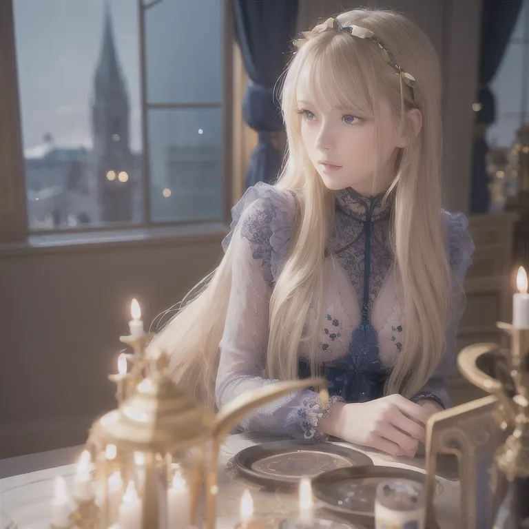 The image is a portrait of a beautiful young woman with long blonde hair and blue eyes. She is wearing a light blue dress with a white lace overlay. The dress has a high collar and long sleeves. The woman is sitting at a table with a silver teapot and two teacups on it. There is also a book on the table. The woman is looking out the window in thought. There is a building in the distance. The image is very detailed and realistic.