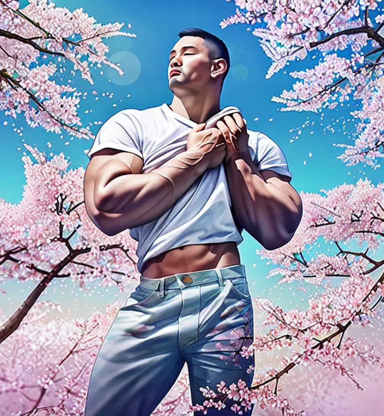 Esta imagen muestra a un hombre musculoso de pie en un campo de flores de cerezo. El hombre lleva una camiseta blanca y vaqueros. Tiene la camisa desabrochada, mostrando su pecho musculoso. El hombre mira hacia arriba a las flores de cerezo con una expresión serena en su rostro. Las flores de cerezo son de color rosa y blanco, y caen de los árboles en el fondo. El cielo es azul y hay dos lunas en el fondo.