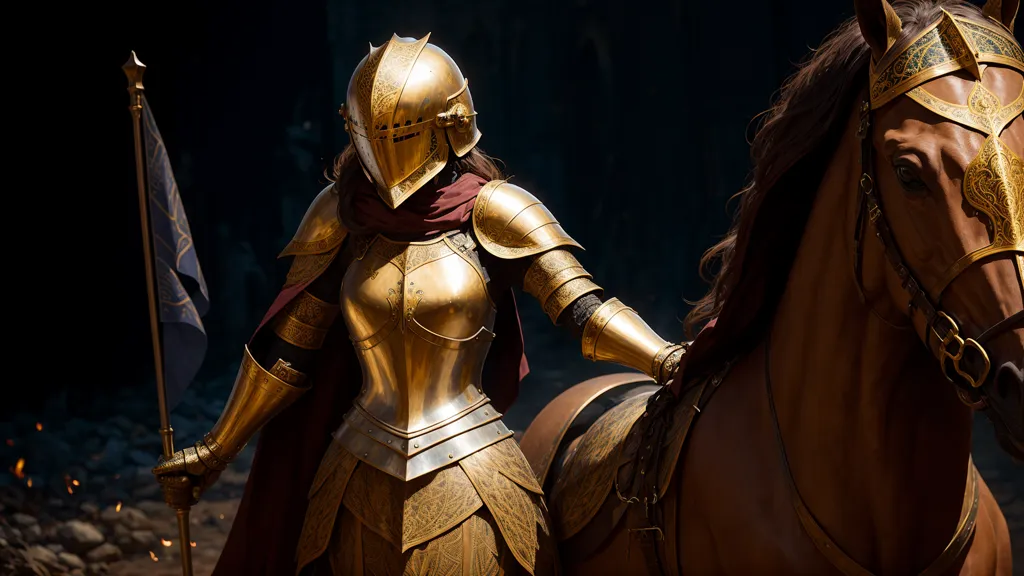 The image shows a female knight in golden armor, mounted on a brown horse. She is holding a flag in her right hand and the reins of her horse in her left hand. The knight's armor is decorated with intricate designs, and her helmet is adorned with a red plume. The horse is also wearing barding, or armor, that is decorated with the same designs as the knight's armor. The background of the image is a dark, nondescript wall.