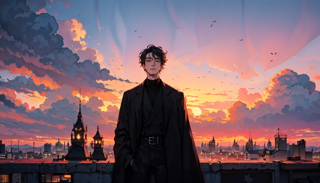 The image is of a young man standing on a rooftop, looking out over a city. He is wearing a black suit and a black turtleneck sweater. He has short black hair and dark eyes. The sky is a gradient of orange and pink, with clouds dotting the sky. The sun is setting behind the city. There are buildings and a clock tower in the background.