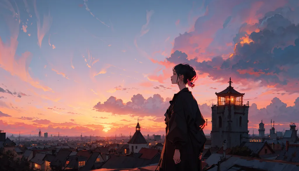 The image is of a girl standing on a rooftop overlooking a city. The sky is a gradient of orange and pink, with clouds dotting the sky. The girl is wearing a black coat and has her hair in a ponytail. She is looking out at the city with a pensive expression on her face. The city is made up of a variety of buildings, including skyscrapers, apartment buildings, and houses. There are also a few trees and parks in the city. The image is set at sunset, and the warm colors of the sky reflect on the buildings and the girl's face. The overall mood of the image is peaceful and serene.