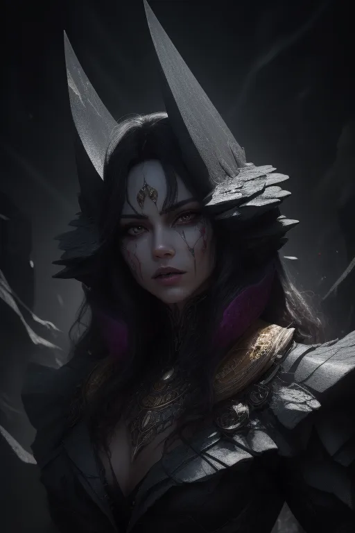 This is an image of a woman with long black hair and red eyes. She is wearing a black and purple outfit with a metal breastplate and a horned helmet. She has a serious expression on her face and is looking at the viewer with her head tilted a bit downwards at an angle. The background is dark and out of focus.