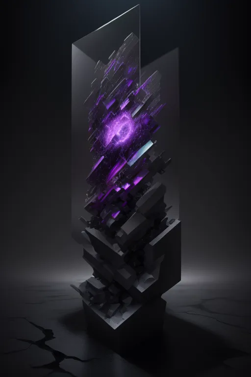 The image is a dark, abstract tower. It is made up of many small, sharp, black crystals with a glowing purple core. The tower is surrounded by a dark purple mist and is set against a black background.