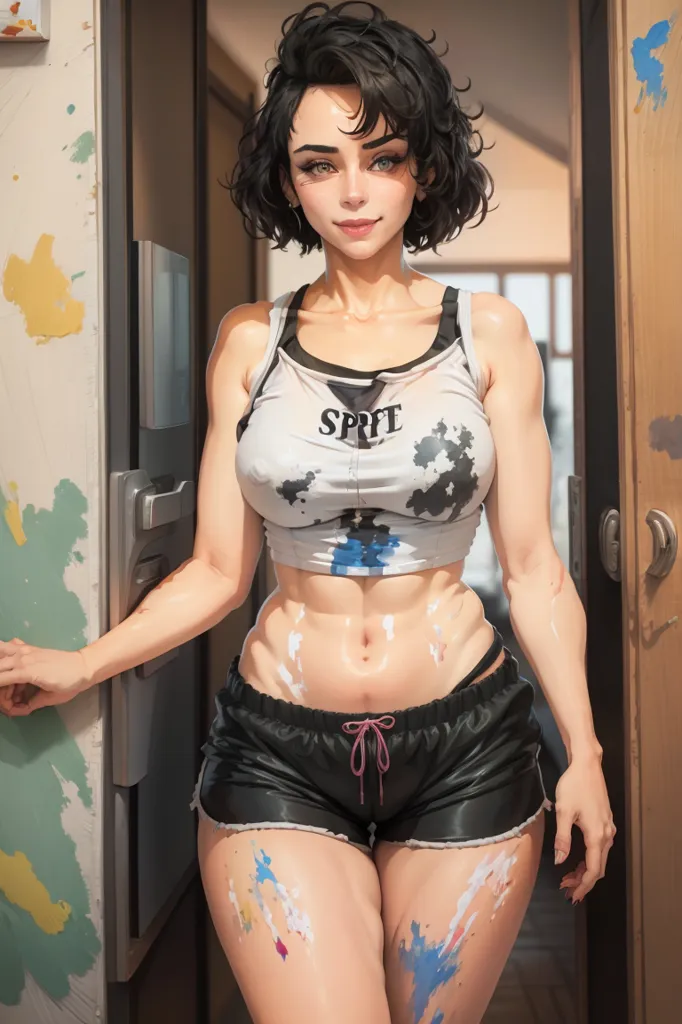 The image is a painting of a young woman standing in a doorway. She is wearing a white sports bra and black shorts. The woman has short dark hair and brown eyes. She is smiling at the viewer. There are paint stains on her body and clothes.